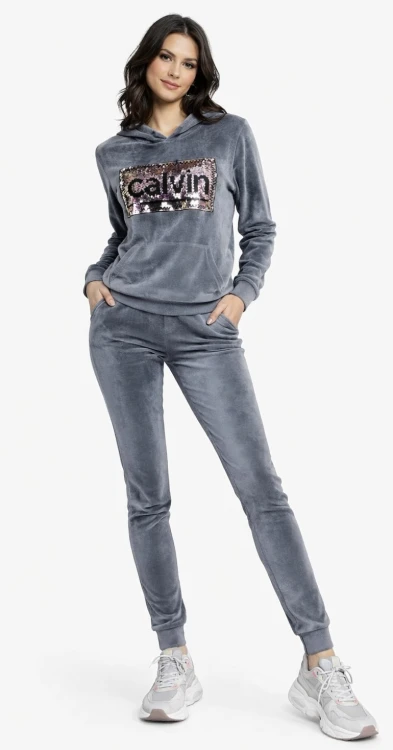 Dres damski welurowy z kapturem Cekiny szary