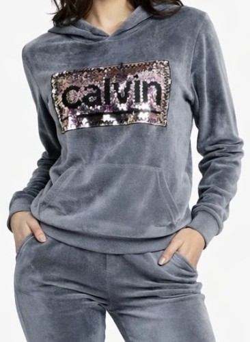 Dres damski welurowy z kapturem Cekiny szary