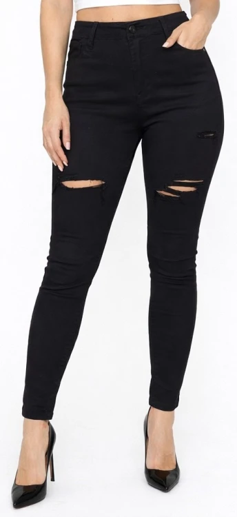 Spodnie damskie czarne Push Up skinny z przetarciami