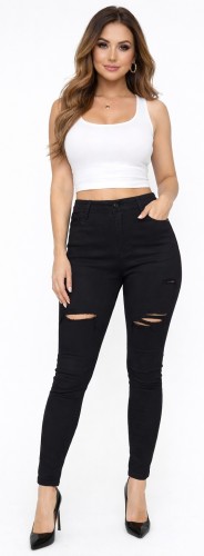 Spodnie damskie czarne Push Up skinny z przetarciami