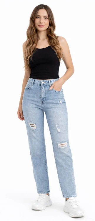 Spodnie damskie jasny niebieski jeans wide leg z ozdobnymi przetarciami