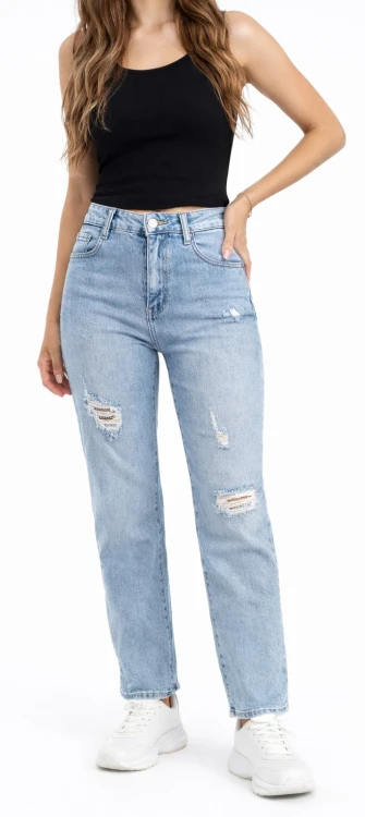 Spodnie damskie jasny niebieski jeans wide leg z ozdobnymi przetarciami