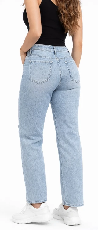 Spodnie damskie jasny niebieski jeans wide leg z ozdobnymi przetarciami