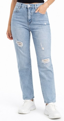 Spodnie damskie jasny niebieski jeans wide leg z ozdobnymi przetarciami