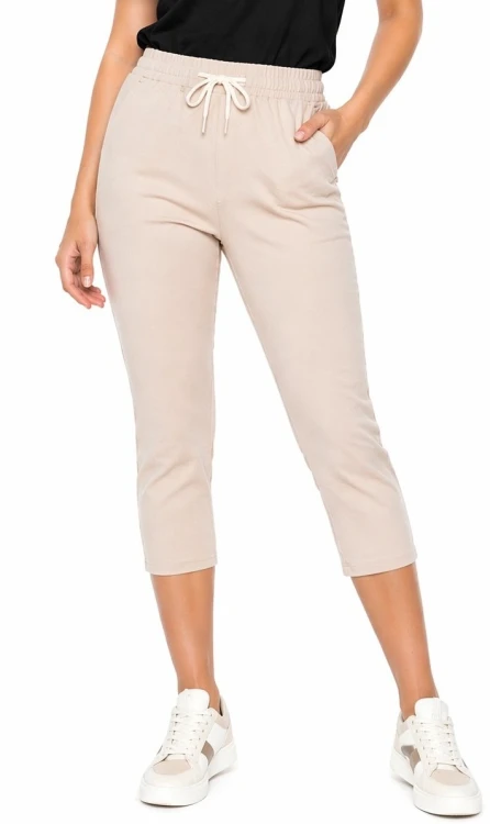 Spodnie damskie rybaczki 3/4 elastyczny pas i wiązanie duże rozmiary kolor beżowy