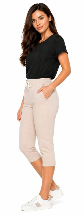 Spodnie damskie rybaczki 3/4 elastyczny pas i wiązanie duże rozmiary kolor beżowy