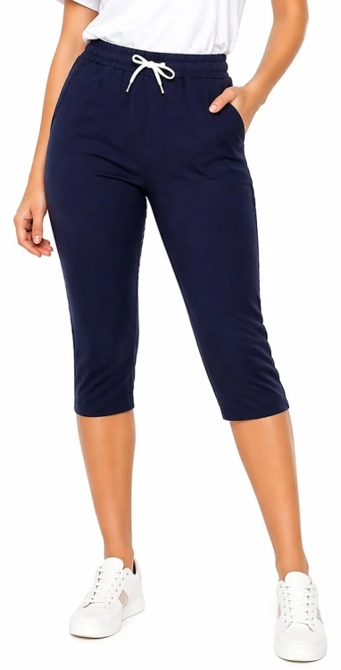 Spodnie damskie rybaczki 3/4 elastyczny pas i wiązanie duże rozmiary kolor granatowy