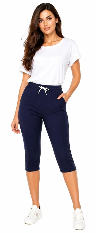 Spodnie damskie rybaczki 3/4 elastyczny pas i wiązanie duże rozmiary kolor granatowy