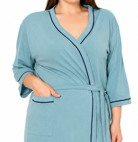 Szlafrok damski bawełniany przed kolano PLUS SIZE morski