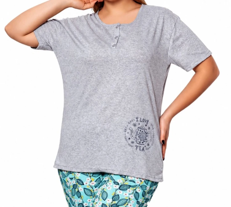 Piżama damska bawełniana ze spodniami 3/4 PLUS SIZE szara